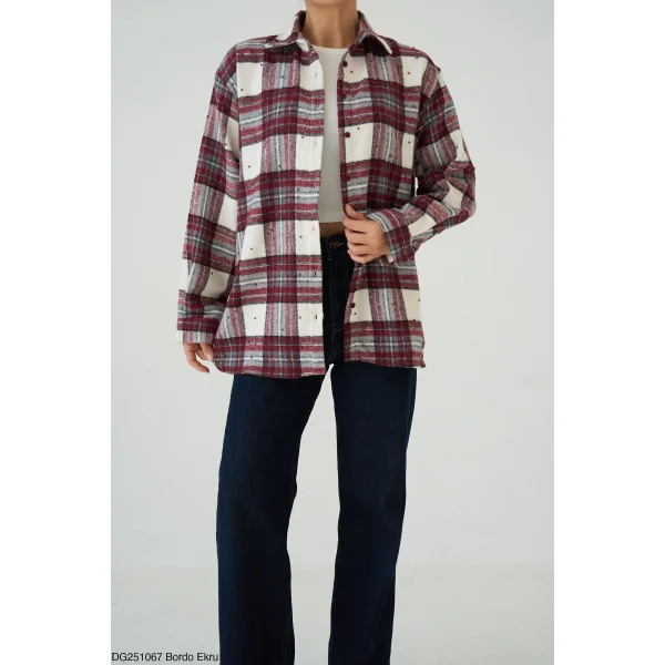 Boncuk İşlemeli Desenli Bordo Gömlek