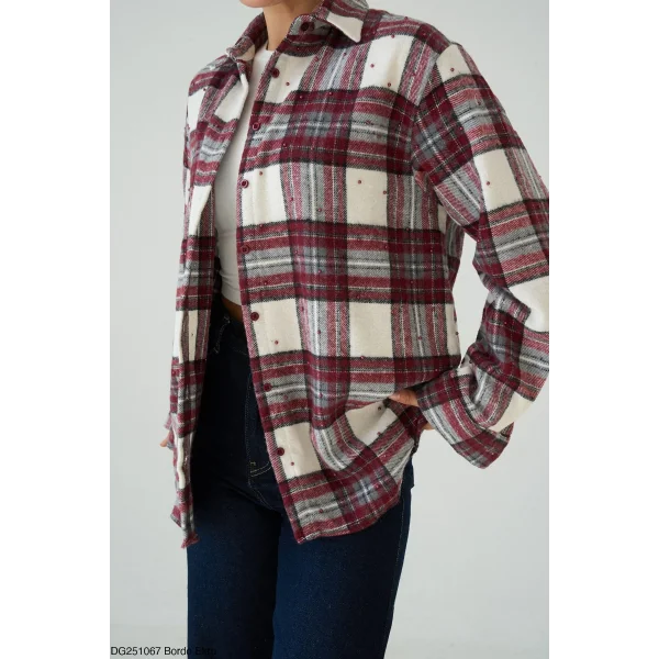 Boncuk İşlemeli Desenli Bordo Gömlek