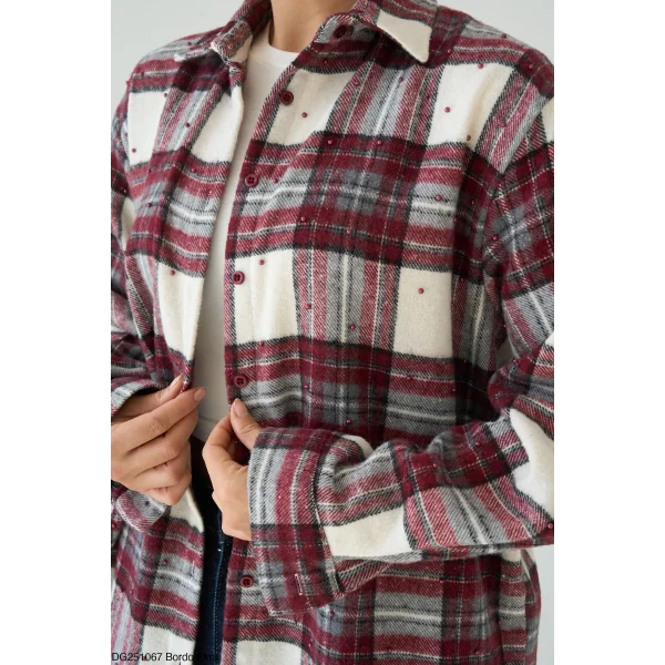 Boncuk İşlemeli Desenli Bordo Gömlek