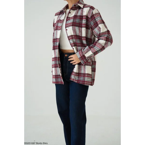 Boncuk İşlemeli Desenli Bordo Gömlek