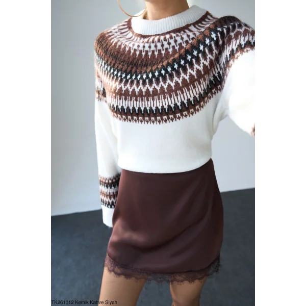 Desenli Bisiklet Yaka Kazak-Ekru