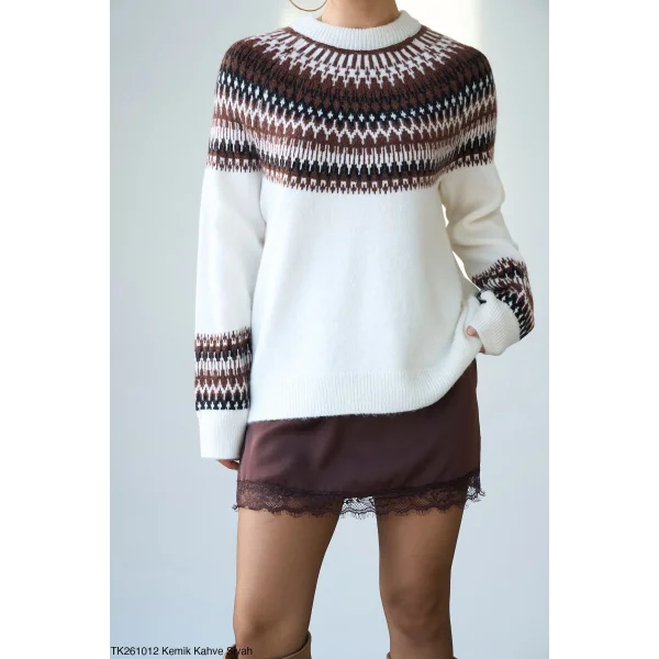 Desenli Bisiklet Yaka Kazak-Ekru