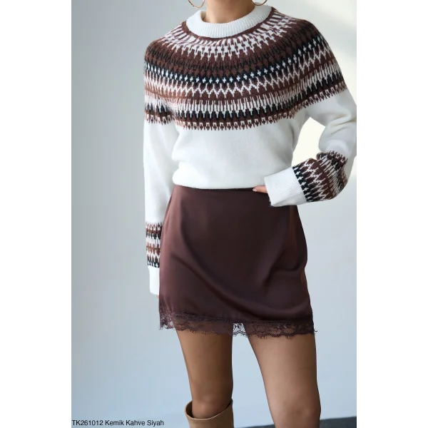 Desenli Bisiklet Yaka Kazak-Ekru