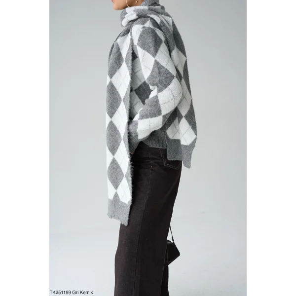 Baklava Desen Atkılı Gri Kazak