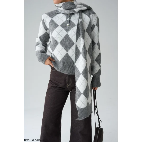 Baklava Desen Atkılı Gri Kazak