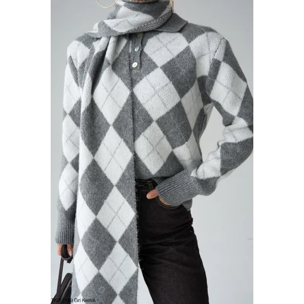 Baklava Desen Atkılı Gri Kazak