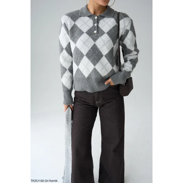 Baklava Desen Atkılı Gri Kazak