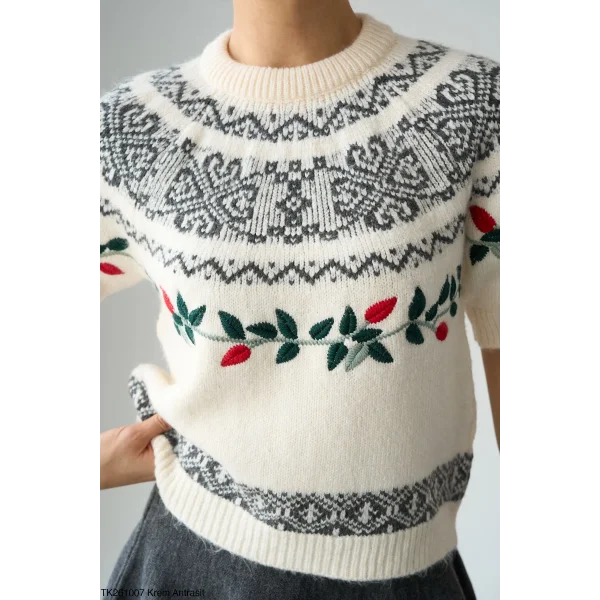 Desenli Kısa Kol Triko Kazak-Ekru