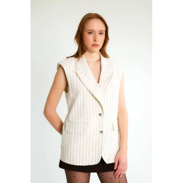 Pul Detaylı Şeritli Uzun Kruvaze Yelek-Ekru