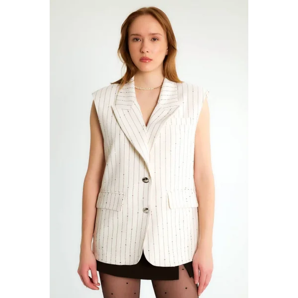 Pul Detaylı Şeritli Uzun Kruvaze Yelek-Ekru