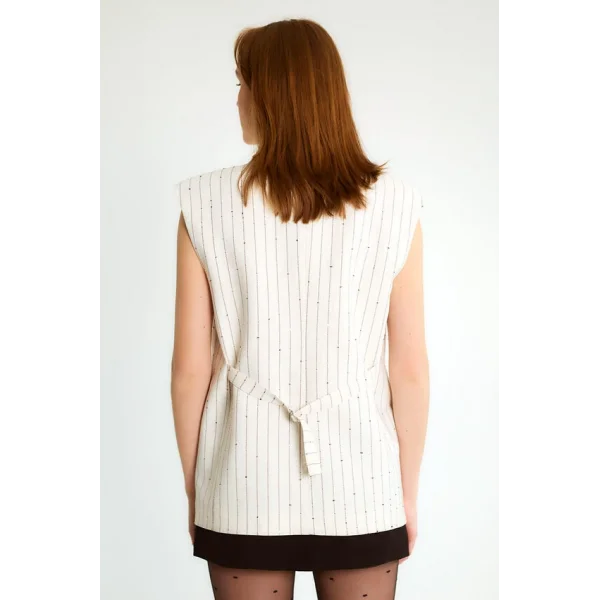 Pul Detaylı Şeritli Uzun Kruvaze Yelek-Ekru
