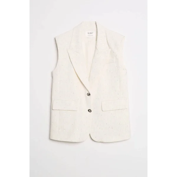 Pul Detaylı Uzun Kruvaze Yelek-Ekru