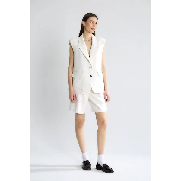 Pul Detaylı Uzun Kruvaze Yelek-Ekru