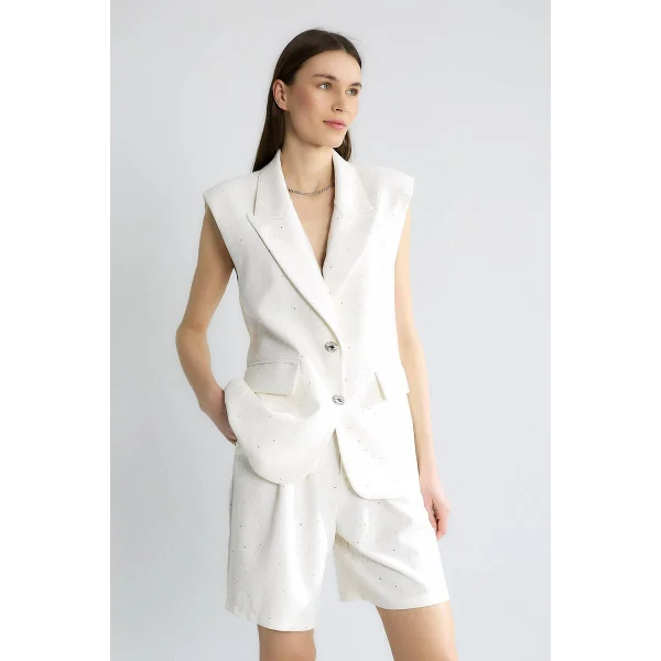 Pul Detaylı Uzun Kruvaze Yelek-Ekru