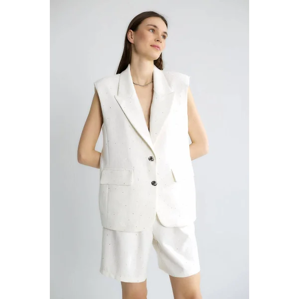 Pul Detaylı Uzun Kruvaze Yelek-Ekru