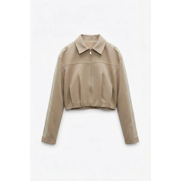 Ön Pileli Şeritli Crop Ceket Bej