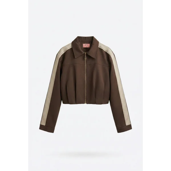 Ön Pileli Şeritli Crop Ceket Kahve