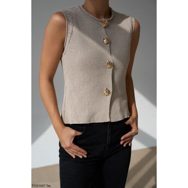 Gold Düğme Vizon Triko Yelek