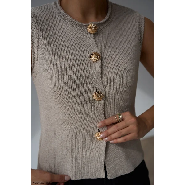 Gold Düğme Vizon Triko Yelek