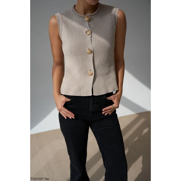 Gold Düğme Vizon Triko Yelek