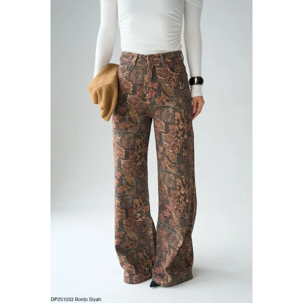 Etnik Desenli Geniş Paça Denim Pantolon