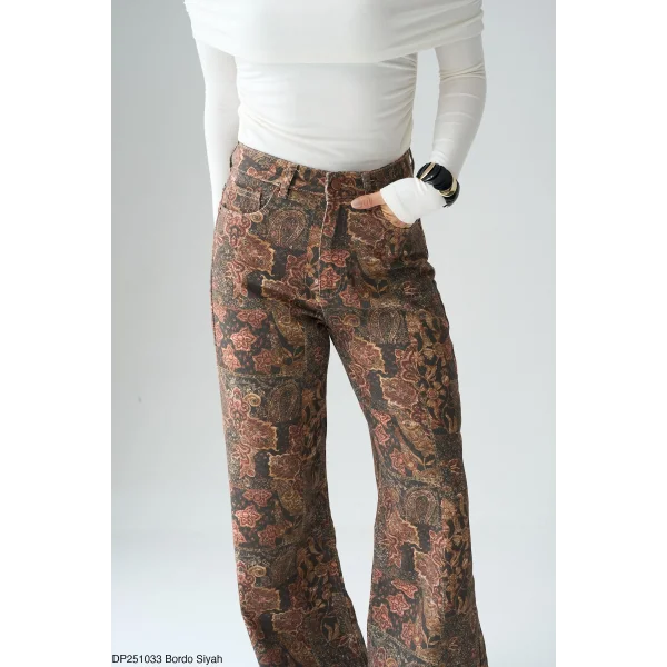 Etnik Desenli Geniş Paça Denim Pantolon