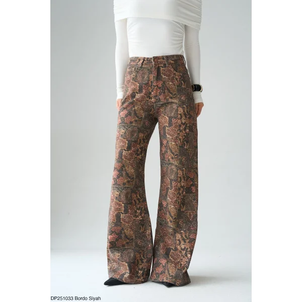 Etnik Desenli Geniş Paça Denim Pantolon