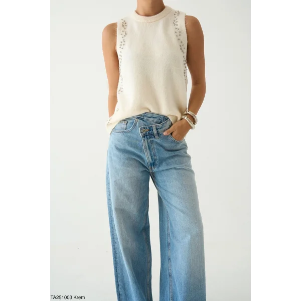 Taş İşlemeli Triko Atlet Bej