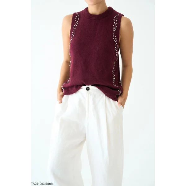 Taş İşlemeli Triko Atlet Bordo