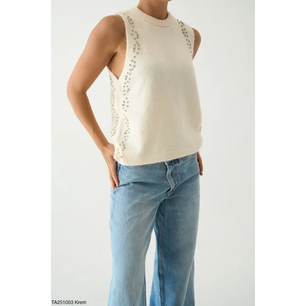 Taş İşlemeli Triko Atlet Bej