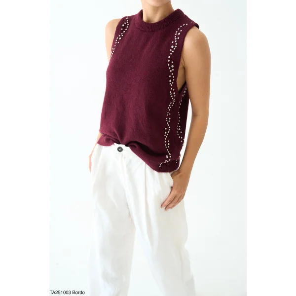 Taş İşlemeli Triko Atlet Bordo