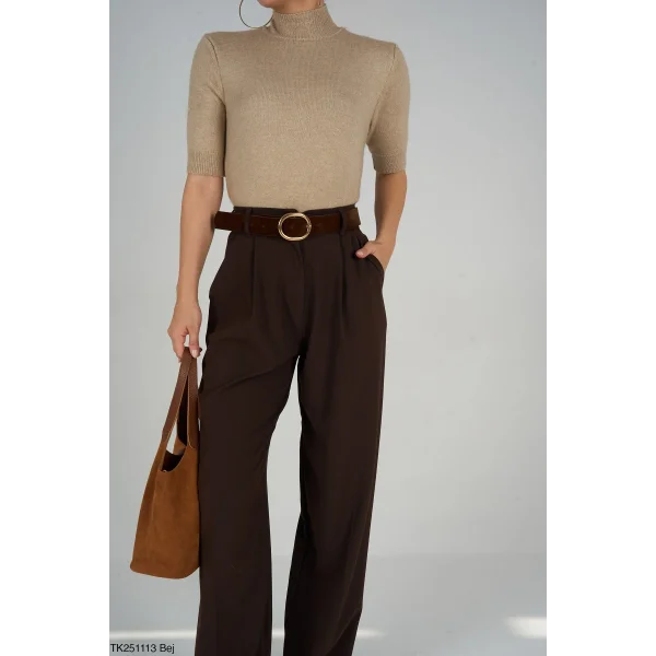 Boğazlı Kısa Kol Triko Kazak-Bej