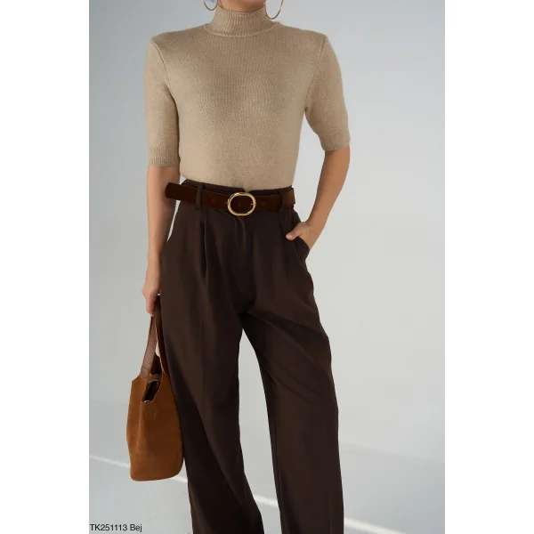 Boğazlı Kısa Kol Triko Kazak-Bej