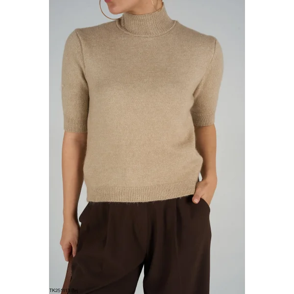 Boğazlı Kısa Kol Triko Kazak-Bej