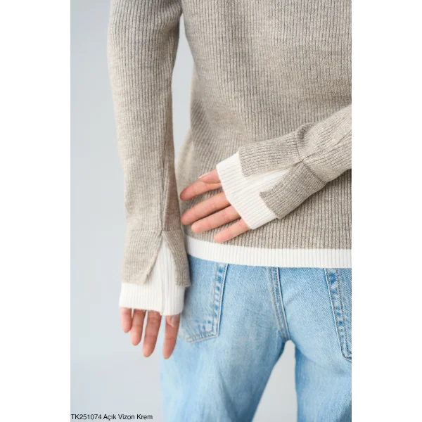 Patlı İki Renk Triko Kazak