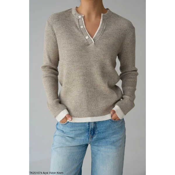 Patlı İki Renk Triko Kazak
