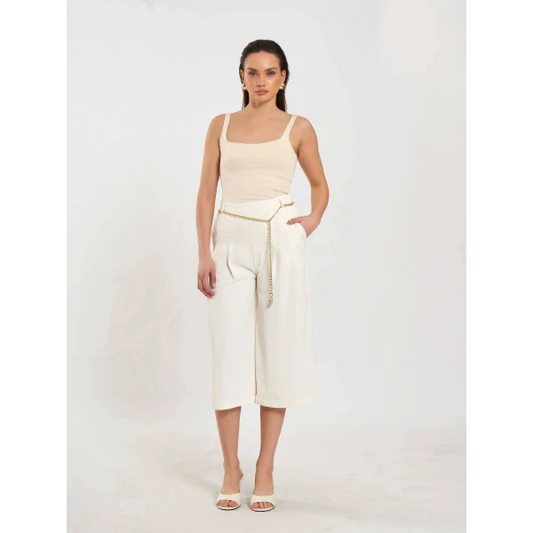 Zincir Kemerli Bermuda Pantolon-Ekru
