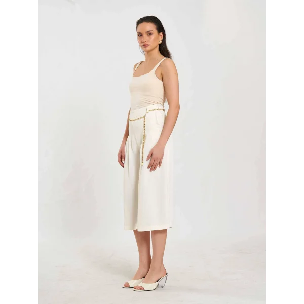 Zincir Kemerli Bermuda Pantolon-Ekru
