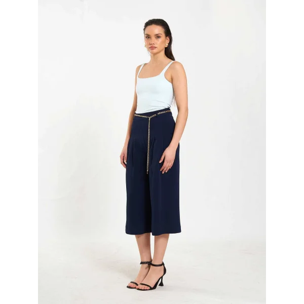 Zincir Kemerli Bermuda Pantolon-Lacivert