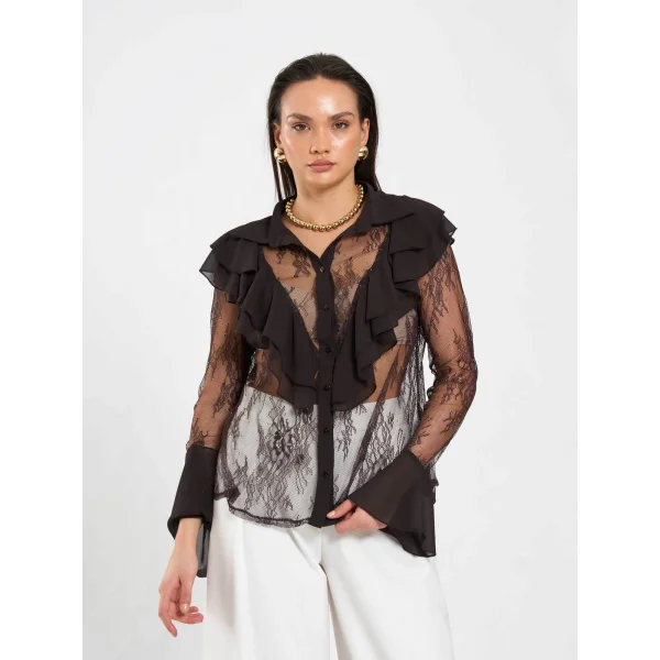 Fırfır Detaylı Taş İşlemeli Dantel Bluz-Kahverengi