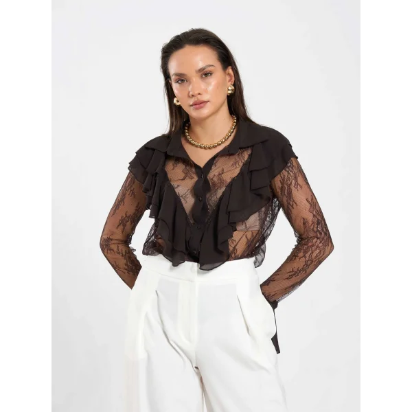 Fırfır Detaylı Taş İşlemeli Dantel Bluz-Kahverengi