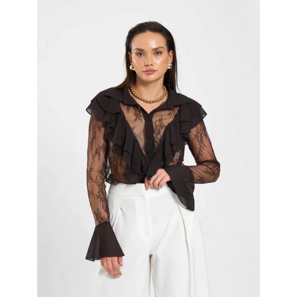 Fırfır Detaylı Taş İşlemeli Dantel Bluz-Kahverengi