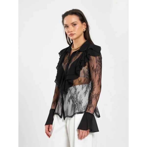 Fırfır Detaylı Taş İşlemeli Dantel Bluz-Kahverengi