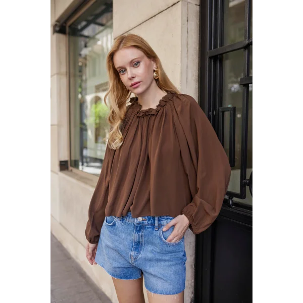 Yakası Büzgülü Kahverengi Bluz