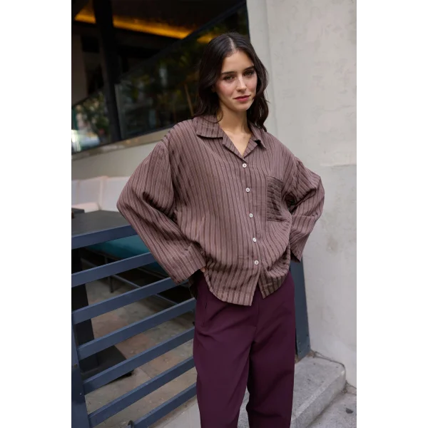 Çizgili Kahverengi Oversize Gömlek