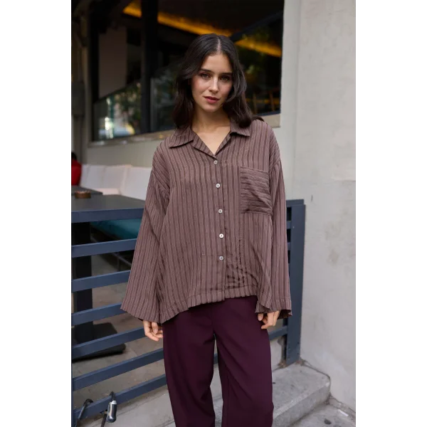 Çizgili Kahverengi Oversize Gömlek