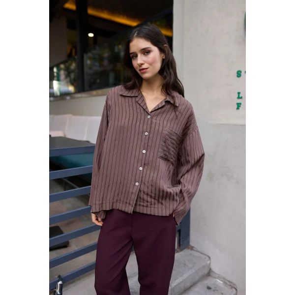 Çizgili Kahverengi Oversize Gömlek