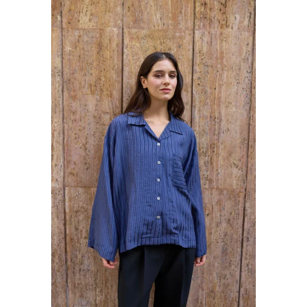 Çizgili Lacivert Oversize Gömlek