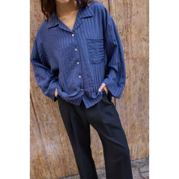 Çizgili Lacivert Oversize Gömlek