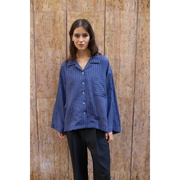 Çizgili Lacivert Oversize Gömlek